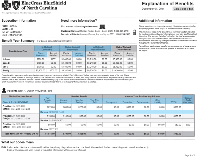 Sample Blue Cross Blue Shield Explanation of Benefits marked 'This is not a bill', showing the benefit year deductible summary and a claim detail table of provider billed, allowed amount, plan paid and patient responsibility.