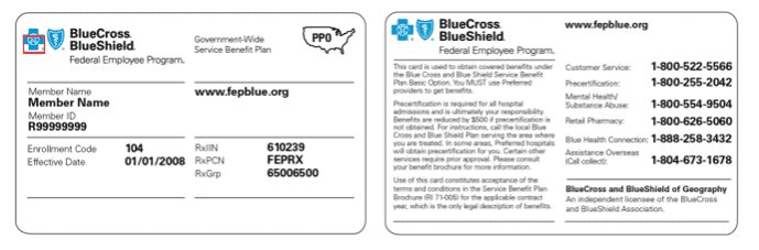 Front and back of a sample Blue Cross Blue Shield Federal Employee Program insurance card, showing member name, member ID, enrollment code, effective date and RxBIN, RxPCN and RxGrp pharmacy routing numbers.