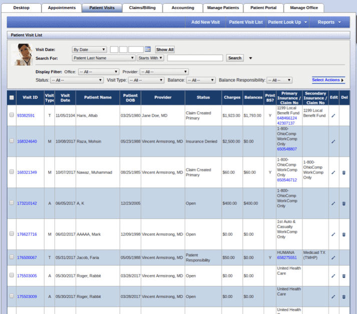 Patient visit list in practice management software, listing visits by ID, date, patient, provider, claim status, charges and balance, with primary and secondary insurance for each row.
