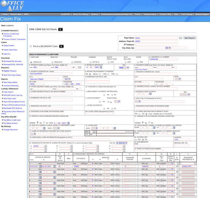 Office Ally Claim Fix screen displaying an electronic CMS-1500 form with validation errors highlighted in red, ready to be corrected and resubmitted.