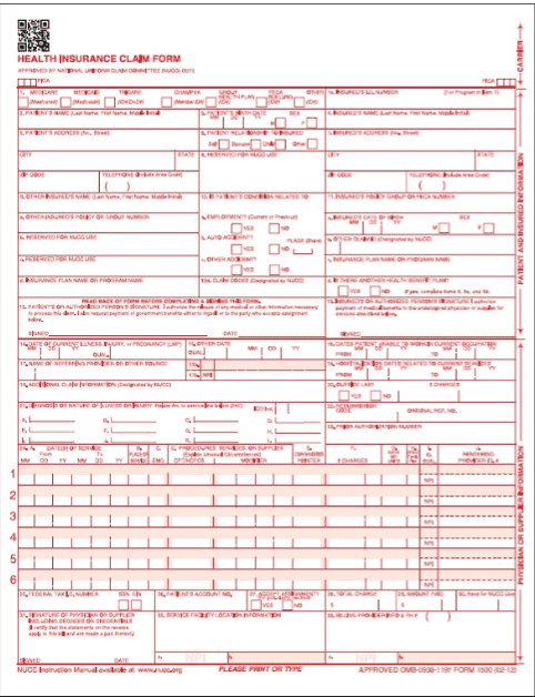 Blank CMS-1500 health insurance claim form, the standard paper claim used to bill professional services to Medicare, Medicaid and commercial payers.