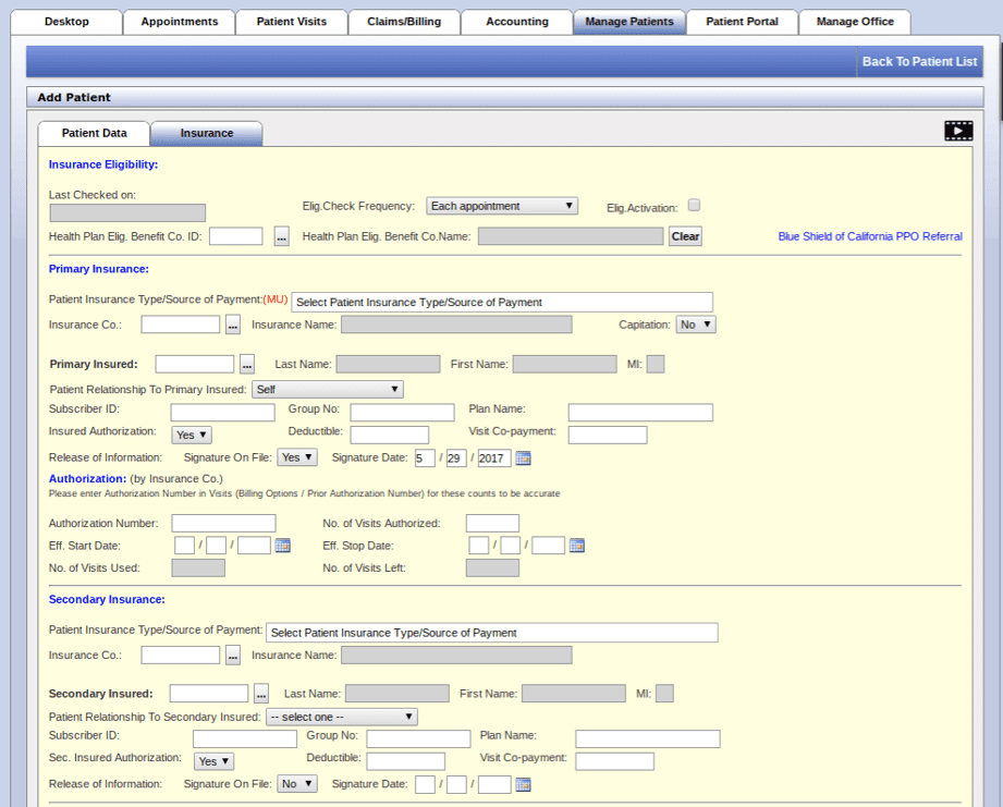 Patient insurance tab in practice management software, showing eligibility check settings and primary and secondary insurance panels for subscriber ID, group number, deductible, co-payment and prior authorization.