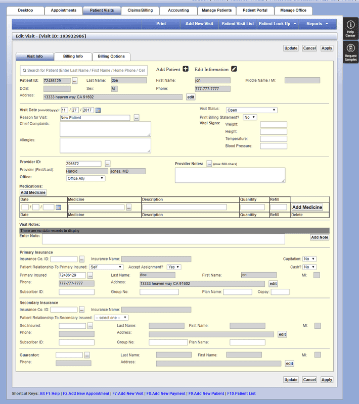 Patient visit screen for a sample patient, showing the visit date, provider, place of service and the diagnosis and procedure codes attached to the encounter.