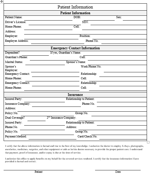 Blank patient information form with sections for patient demographics, emergency contact details, and primary and secondary insurance, ending in an assignment of benefits signature line.
