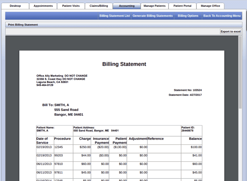 Printed patient billing statement listing each date of service with the procedure code, charge, insurance payment, patient payment, adjustment and running balance.