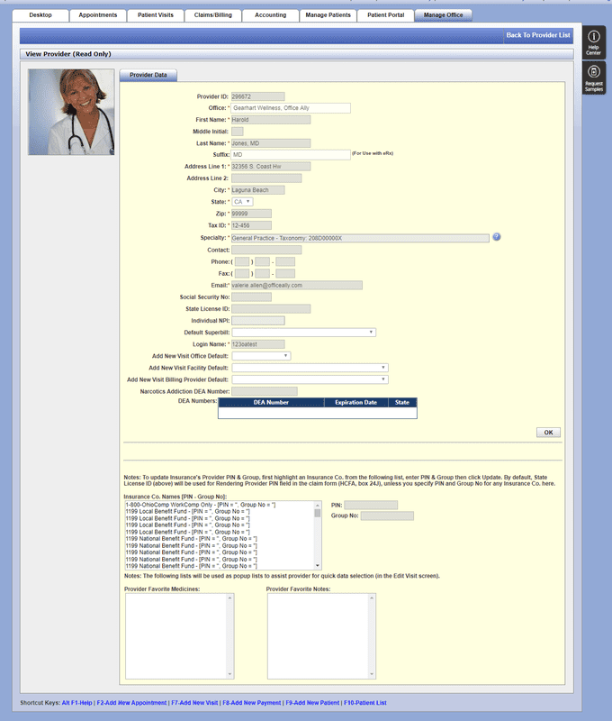 Provider record in practice management software, showing provider ID, name, address, tax ID, specialty taxonomy code and NPI fields alongside insurance company PIN and group numbers.