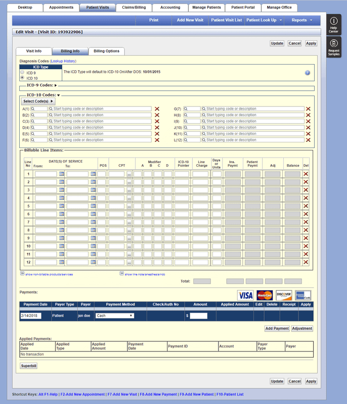 Edit Visit screen in practice management software, with ICD-10 diagnosis code slots, a billable line item grid for dates of service, place of service, CPT codes and modifiers, and a payment entry panel below.